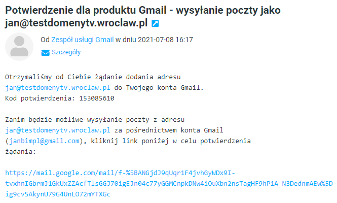 Integracja z Gmail - potwierdzenie dla produktu gmail